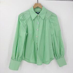 Anthropologie Eva Franco 100% Cotton Green Puff Sleeve Button Up Top S Preppy